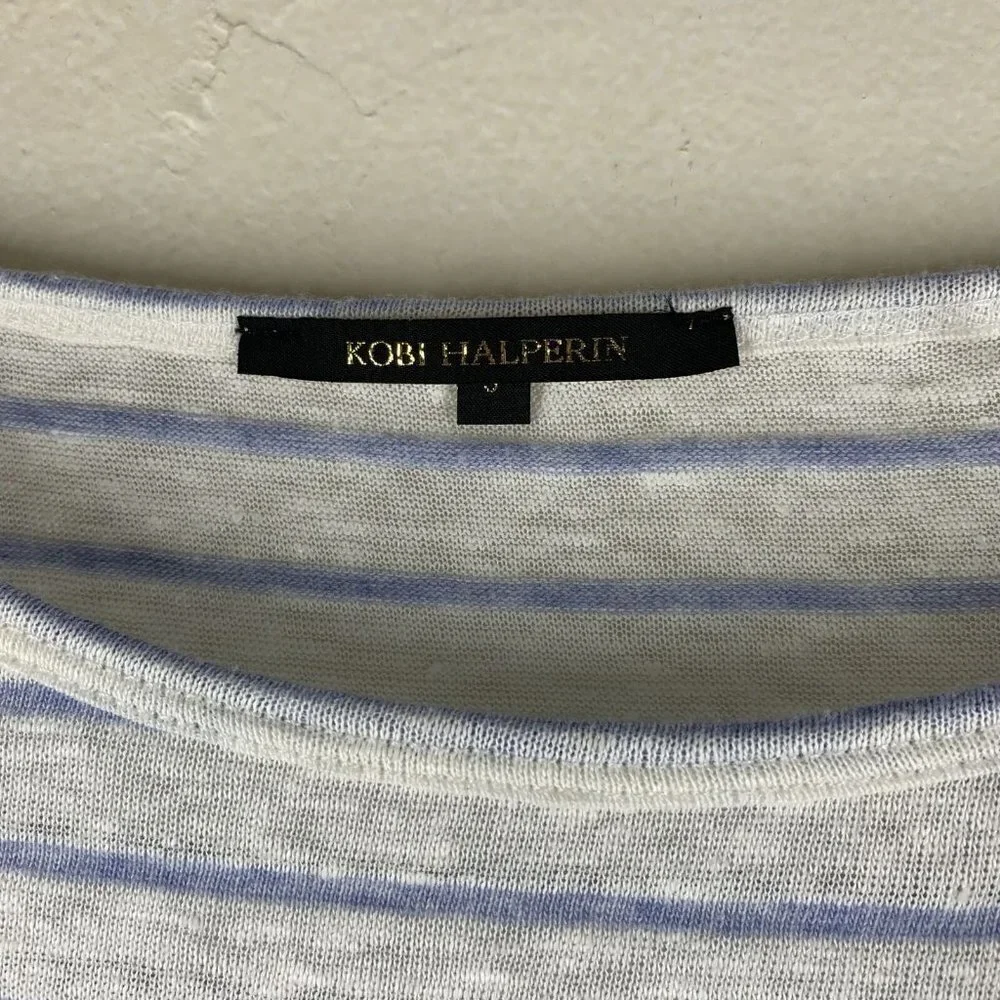 KOBI HALPERIN White and Blue Striped Linen Blend Knit Top Size Small Sweater